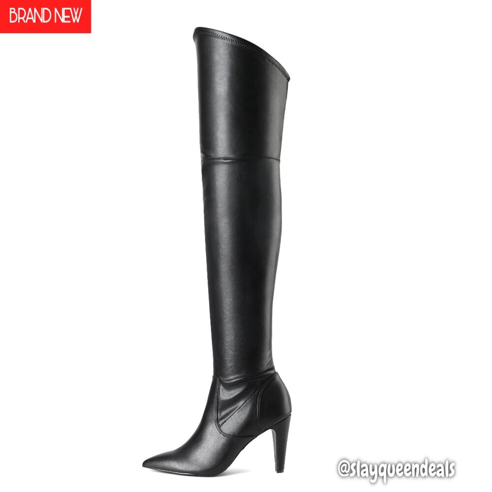 Women's Thigh High Boots Over Knee Heels Pointed Toe Stretchy 3.7 Inch
